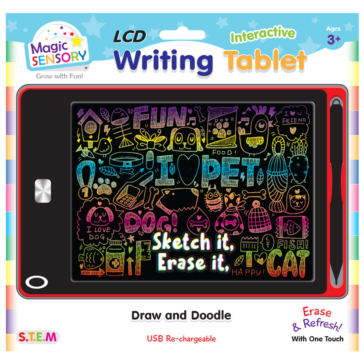 Magic Sensory 8.5" LCD Writing Tablet, USB Rechargeable - Red Pet