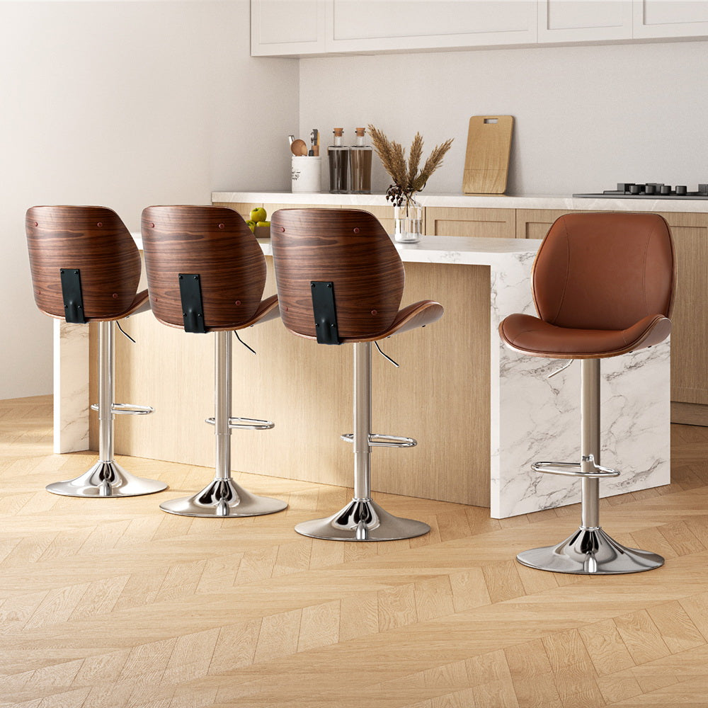 Artiss 4X Bar Stools Bentwood Adjustable Kitchen Counter Chair Leather Brown