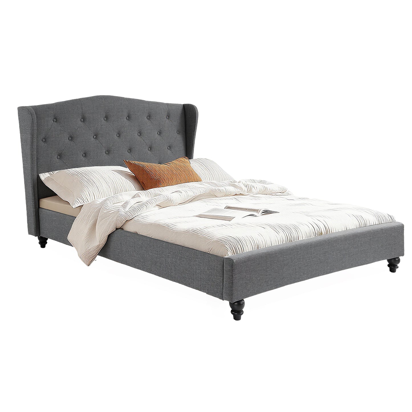 Artiss Double Bed Frame with Wingback Headboard Grey Linen Upholstered Platform Bed Base