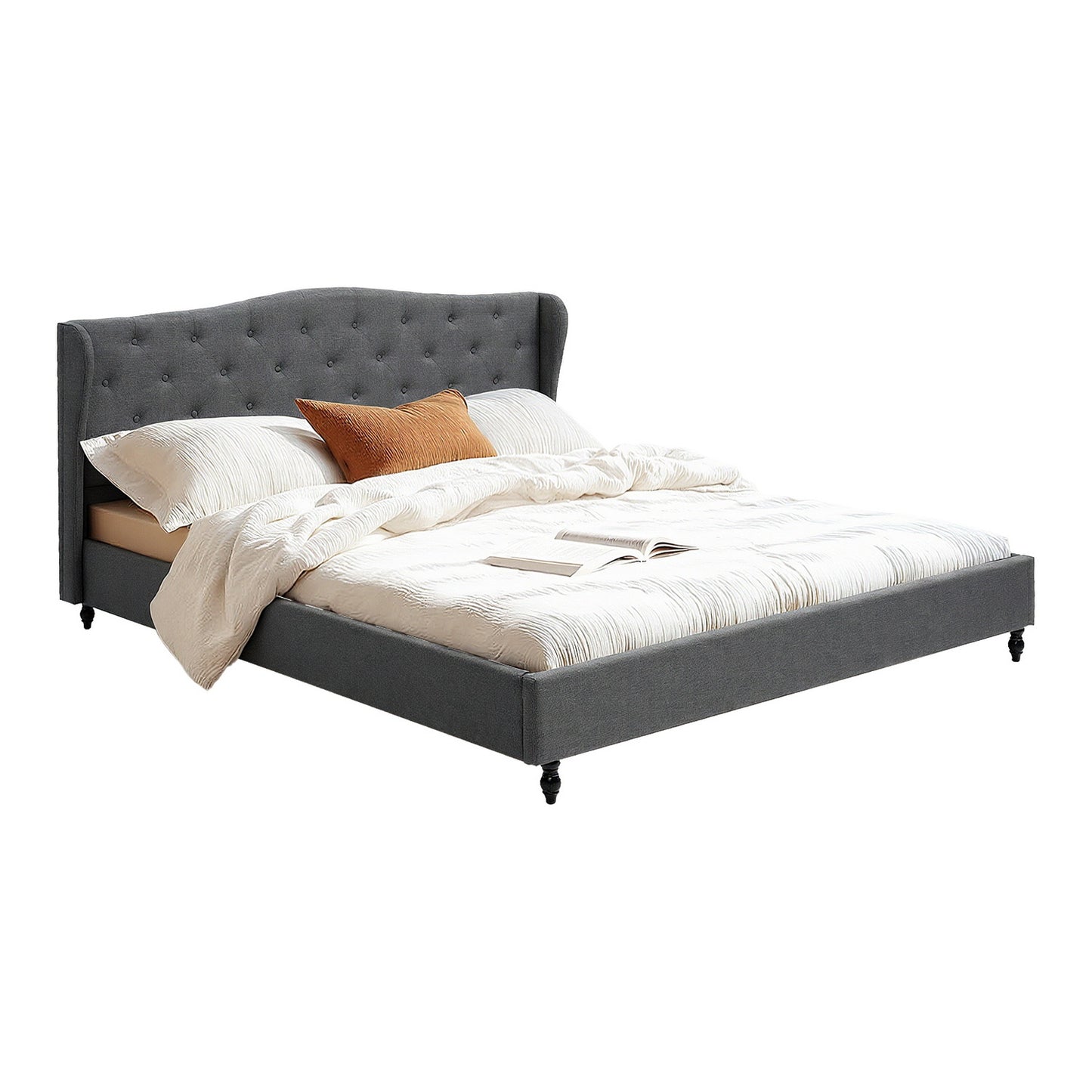 Artiss King Bed Frame with Wingback Headboard Grey Linen Upholstered Platform Bed Base