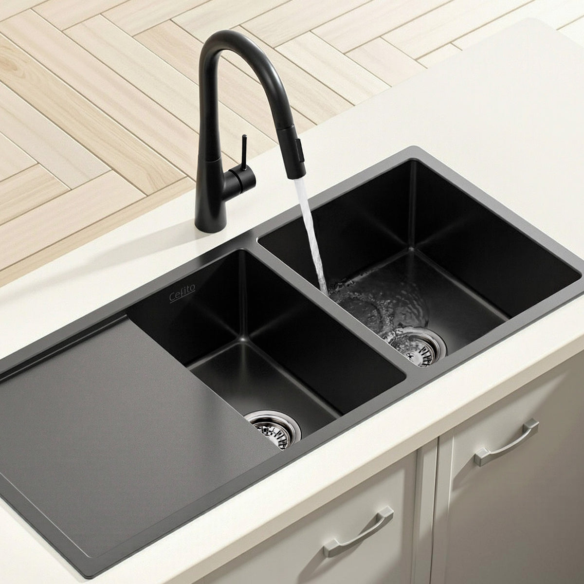 Cefito Stainless Steel Sink 100x45CM With Pull Out Mixer Tap Kitchen Basin Double Bowl Black