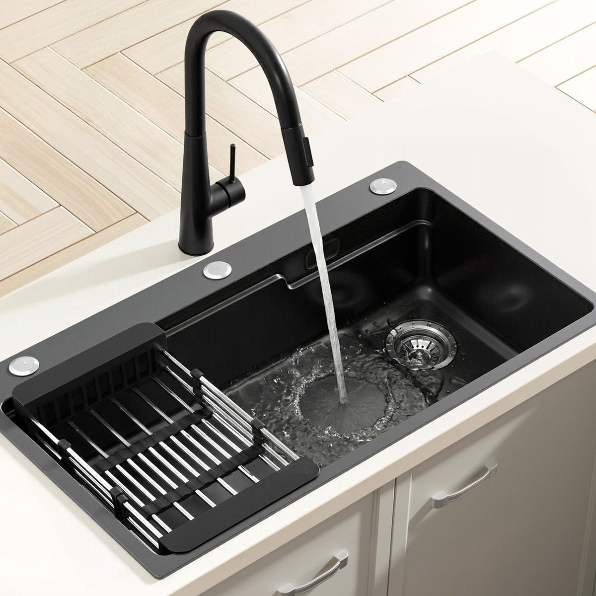 Cefito Stainless Steel Sink 75x45CM With Pull Out Mixer Tap Kitchen Basin Single Bowl Black
