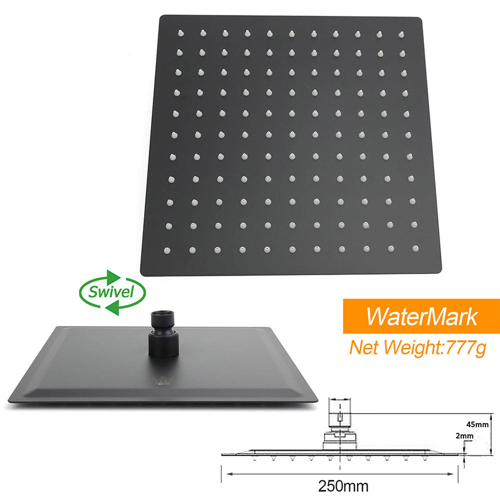 WELS Matt Black 10" Square Thin Rain Shower Head Brass Gooseneck Wall Arm Set