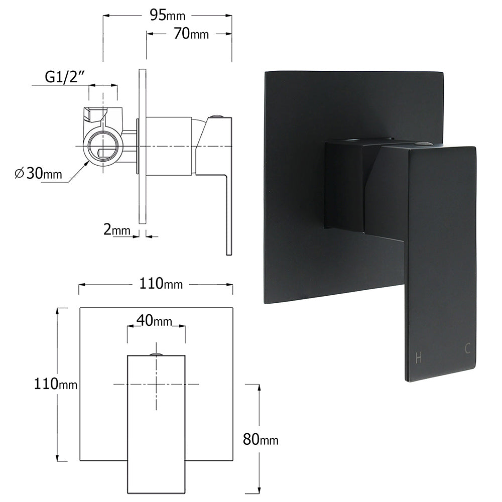 WELS Matt Black 2in1 Shower Set 10" Square Rain Head Handheld Silde Rail Arm Mixer Valve