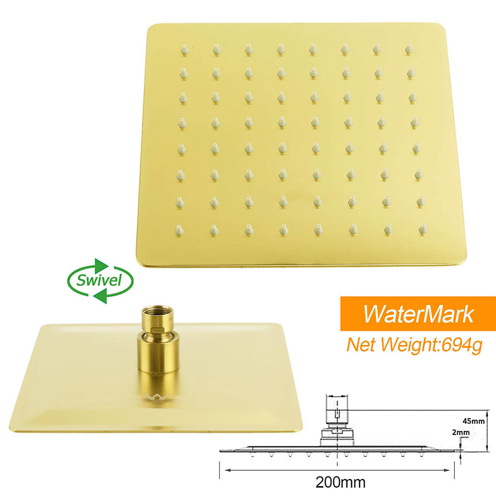 WELS Brushed Gold 8" Square Rainfall Shower Head 400mm Long Straight Wall Arm Set