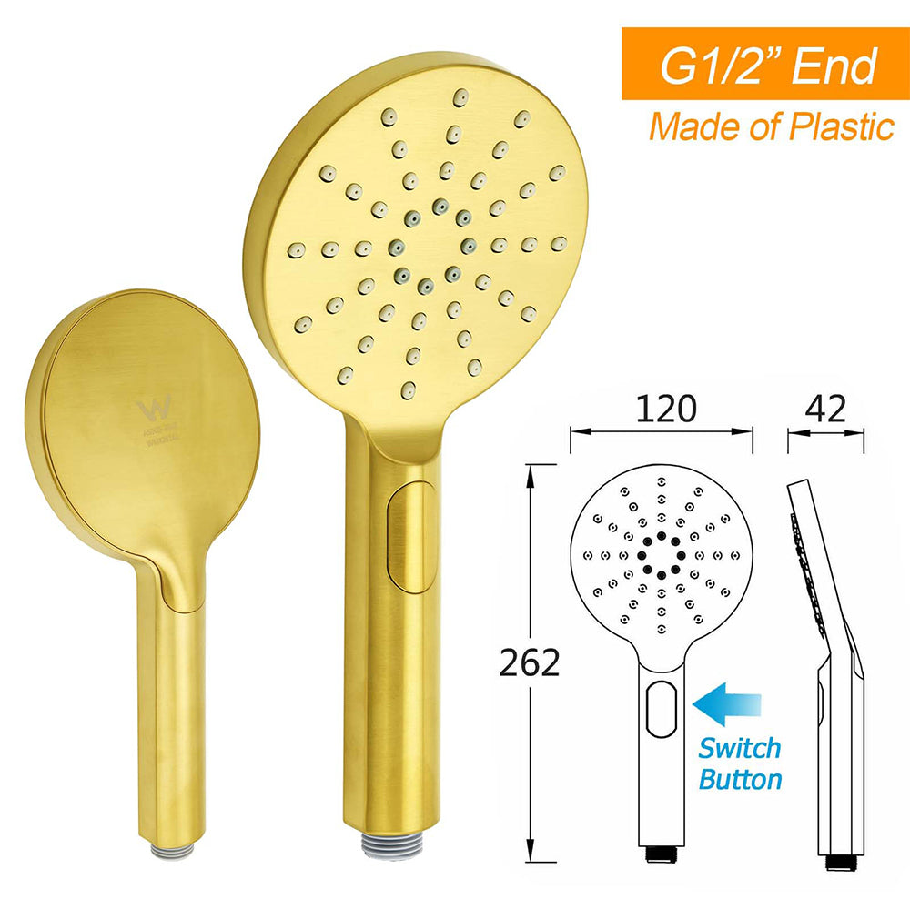 WELS Brushed Gold Large Round Shower 12" Head Single Mode Handheld Rose Sliding Rail Arm Set
