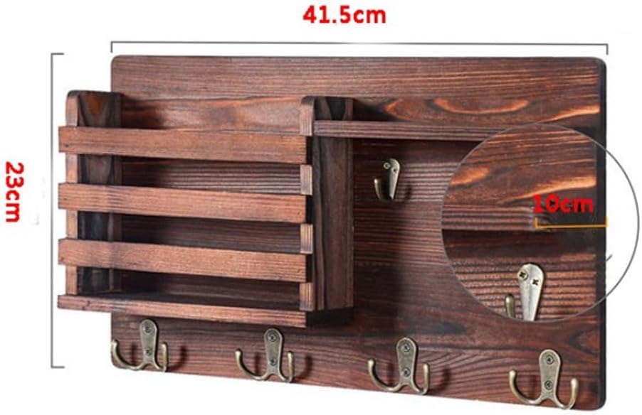 CARLA HOME Rustic Wood Wall Mounted Key and Mail Holder Organizer with Shelf, Letter Slot & 6 Hooks for Entryway Decor Home