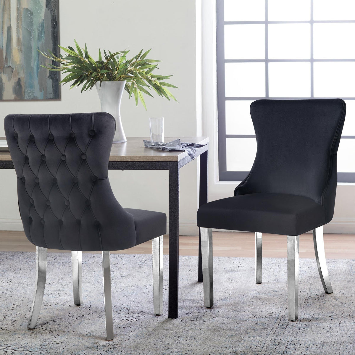 Paris Black Velvet & Silver Polished Steel Upholstered Dining Chairs Tufted Back - Set of 2