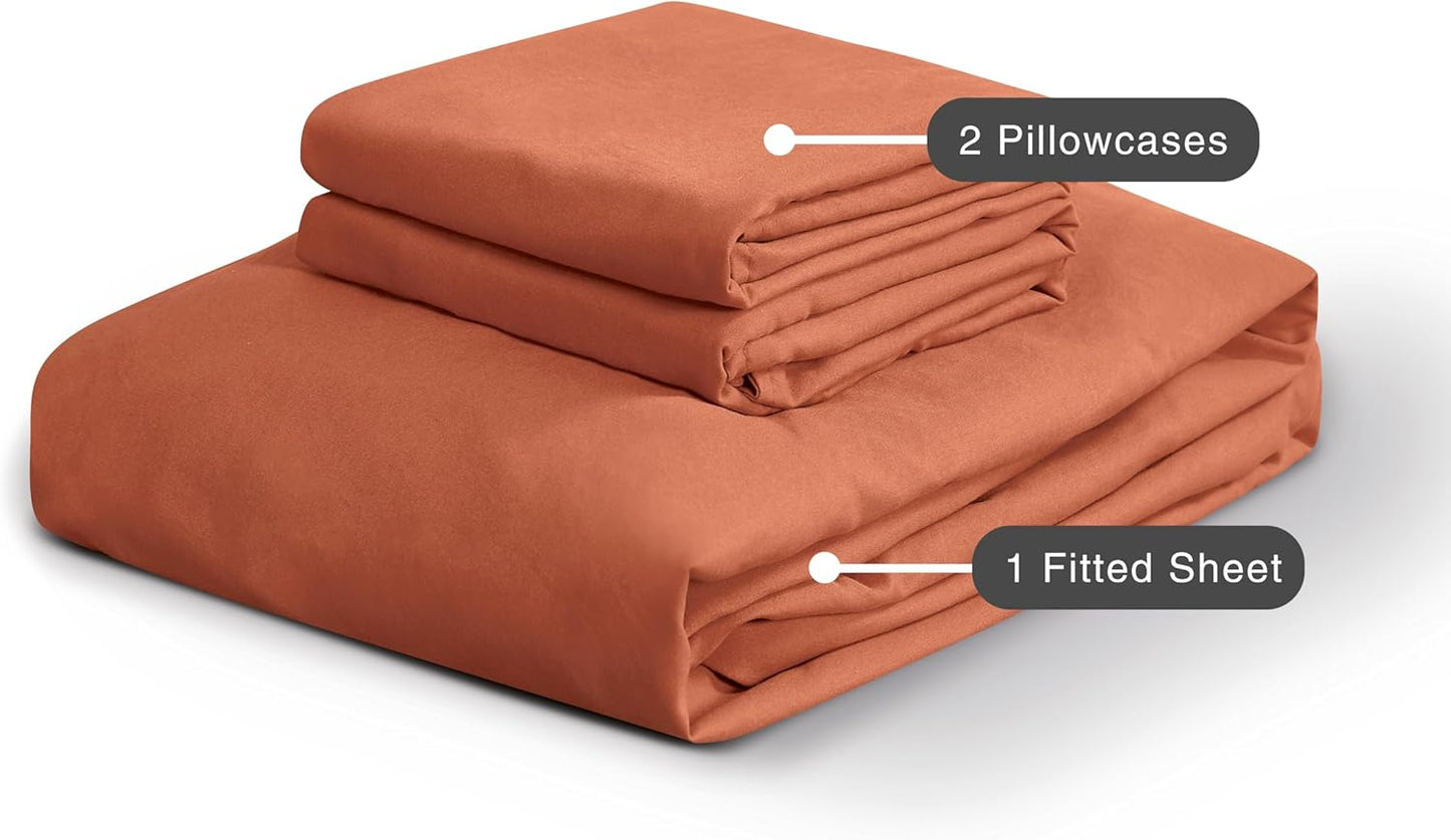 100% Vintage Washed Microfibre Fitted Sheet Set – Ultra Soft & Lightweight All-Season Fitted Sheet with 2 Pillowcases (Terracotta, Queen Size)