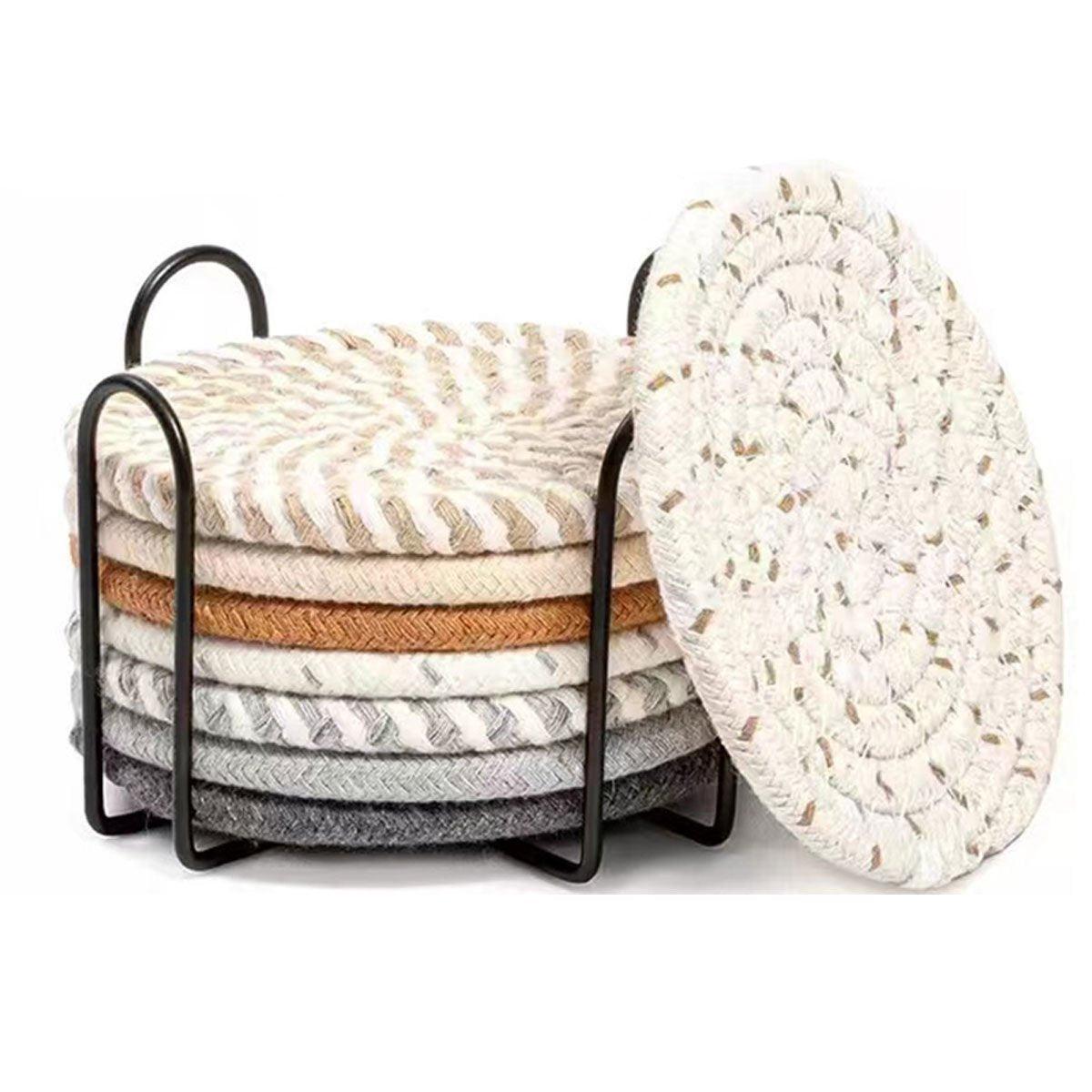 8PCS Round Cotton Woven Coaster Heat Resistant Thick Insulation Dining Table Mat - Grey