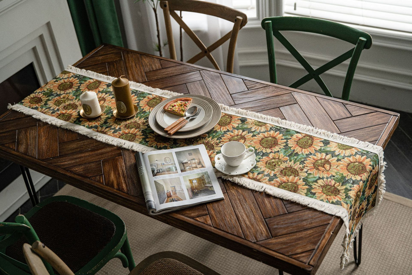 Sunflower Table Runner with Fringe - Jacquard Woven Cotton Blend (30x220cm)