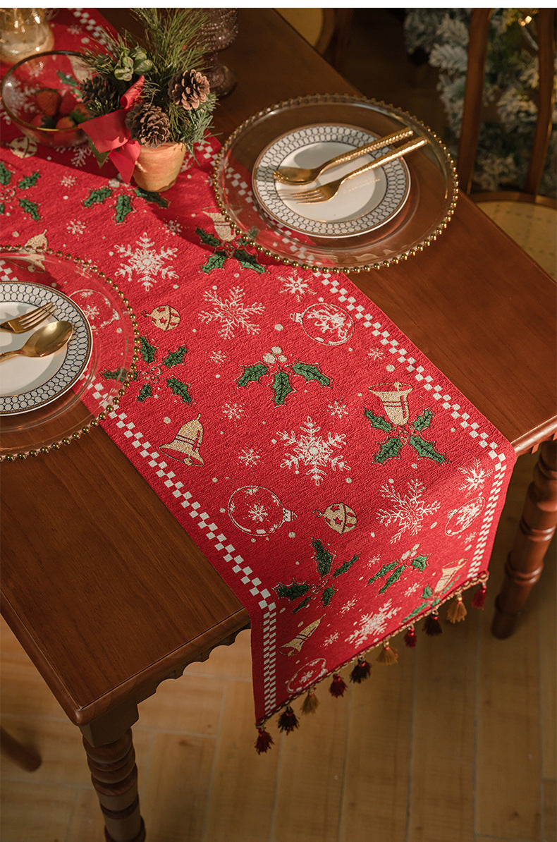 Red Christmas Table Runner with Tassels - Festive Snowflake & Bell Print (35*200cm)