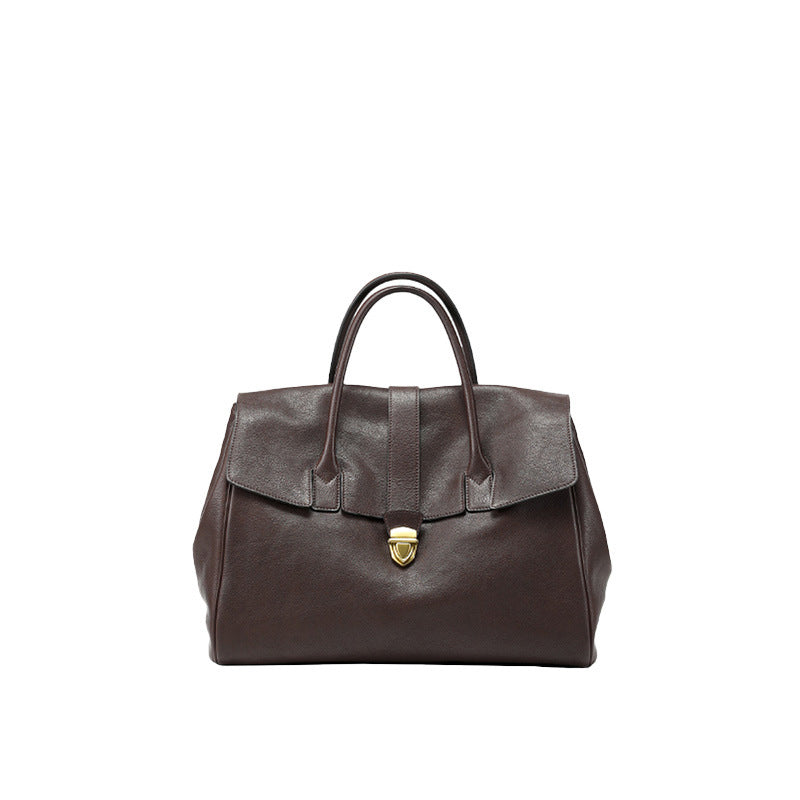 Size XL Coffee Elegant Women's Leather Briefcase Tote - Vintage Style Large Capacity Commuter Handbag - Premium Cowhide Leather