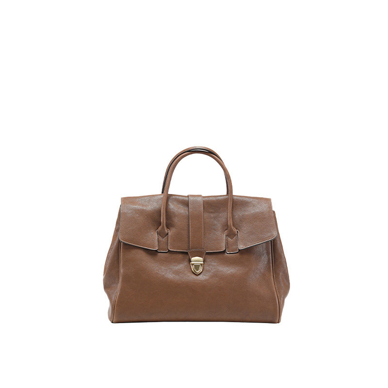 Size L Brown Elegant Women's Leather Briefcase Tote - Vintage Style Large Capacity Commuter Handbag - Premium Cowhide Leather