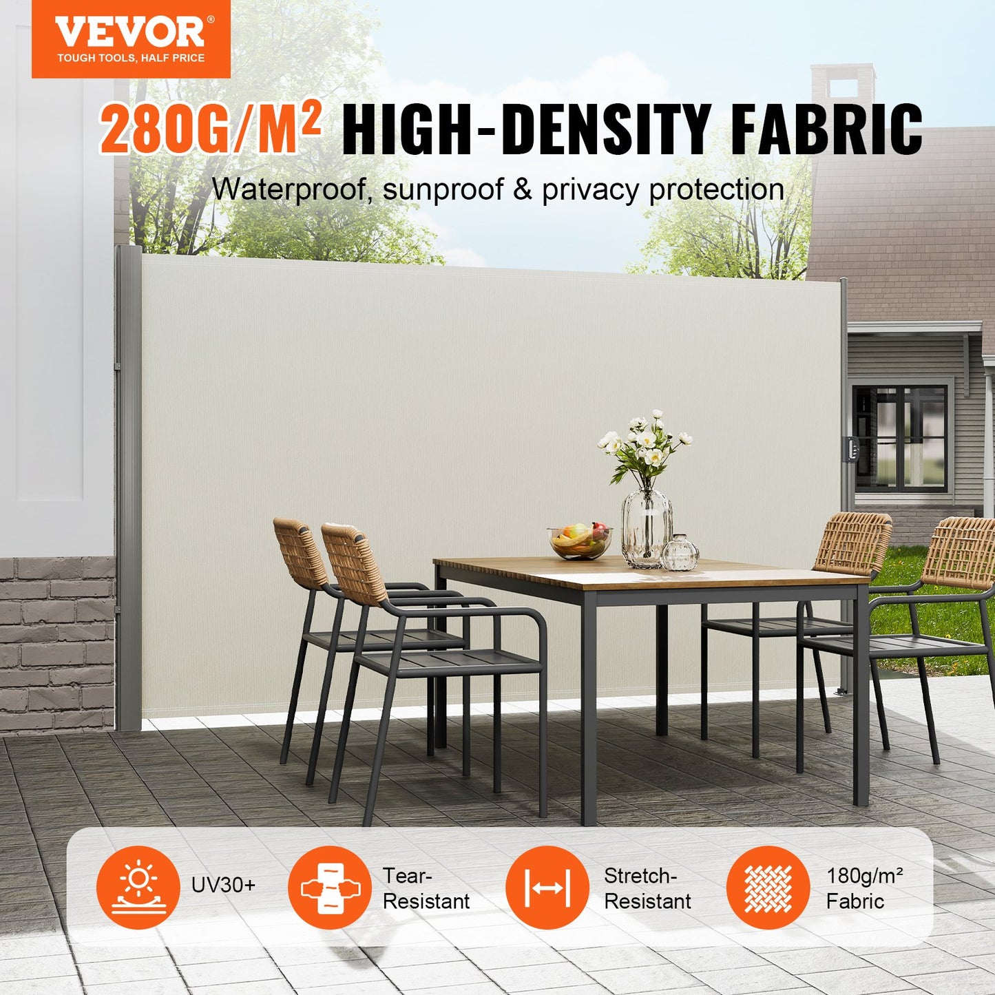 VEVOR Retractable Side Awning,160X300cm Aluminum Outdoor Privacy Screen, 280g Polyester Water-proof Retractable Patio Screen, UV 30+ Room Divider Wind Screen for Patio, Backyard, Balcony, Beige