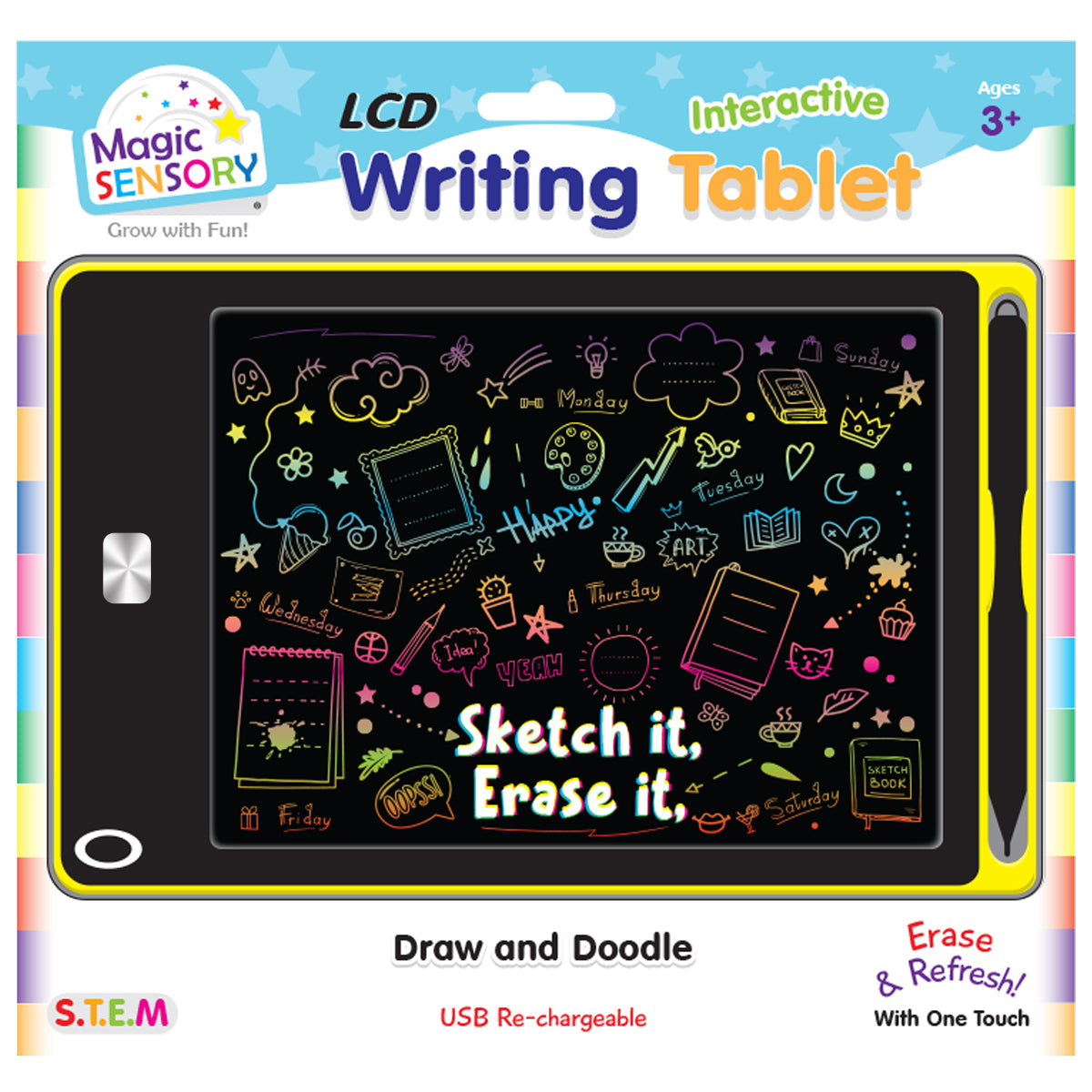 Magic Sensory 8.5" LCD Writing Tablet, USB Rechargeable - Yellow Doodle
