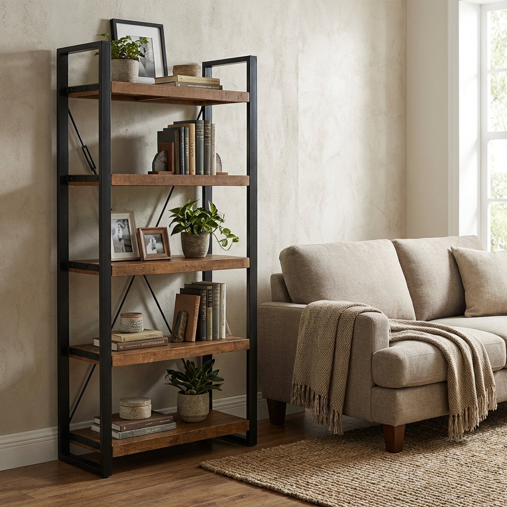 Nova Wooden & Metal Industrial 5 Tier Ladder Bookshelf or Bookcase