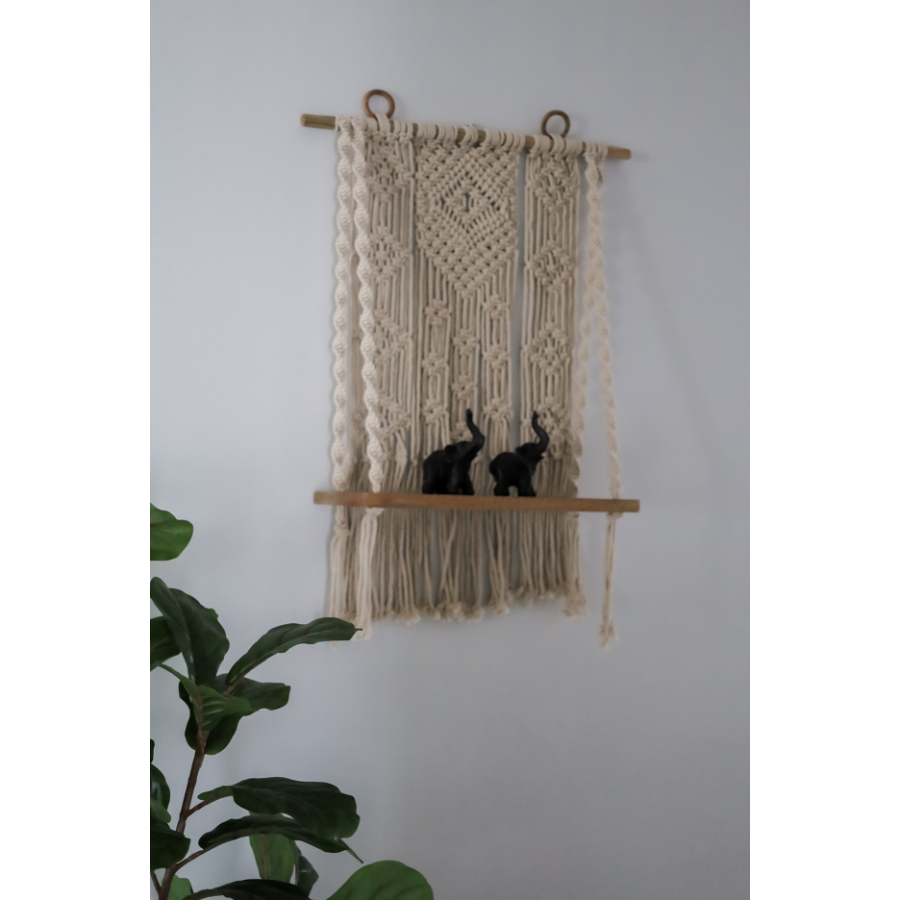 Kibber Handcrafted Macramé Wall Hanging with Wooden Shelf
