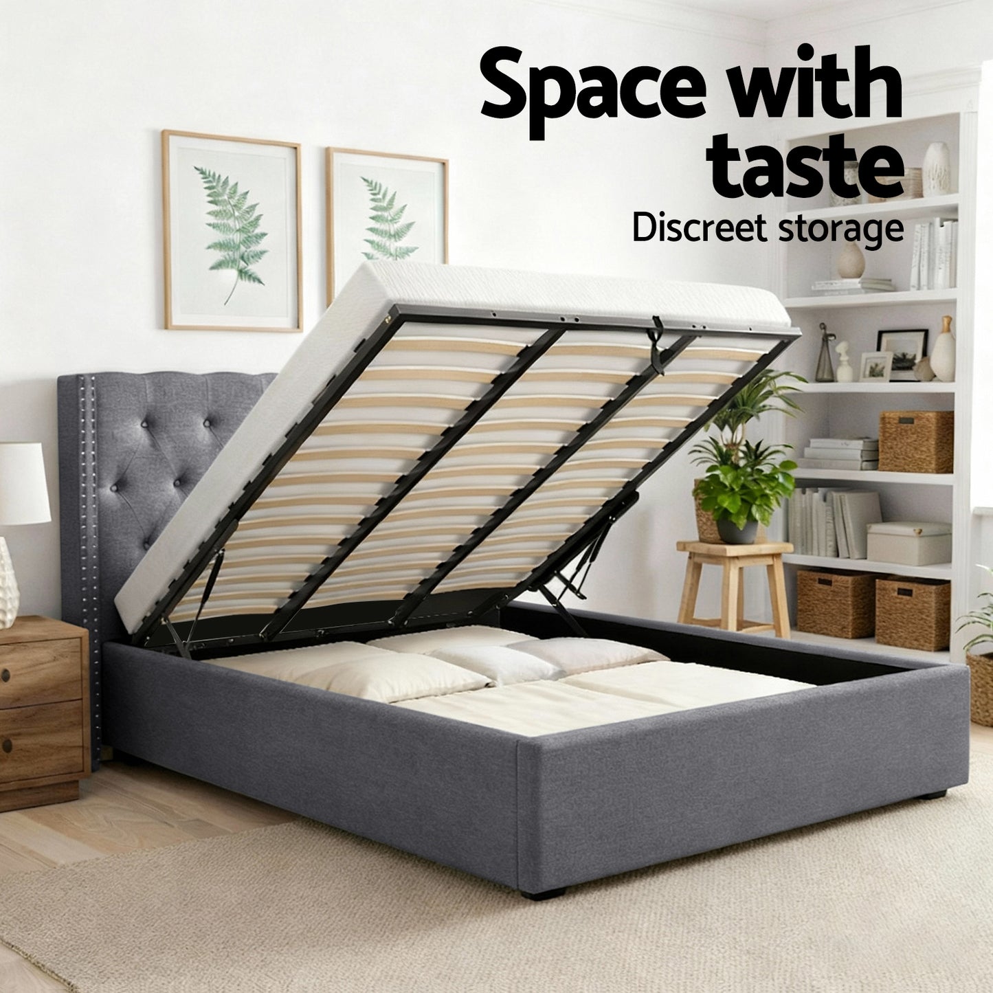 Artiss Queen Bed Frame Storage Tufted Headboard Gas Lift Base Grey
