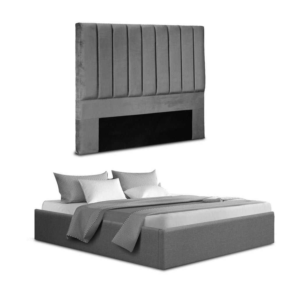 Artiss Queen Bed Frame with Storage Grey Velvet Headboard Gas Lift Platform Base