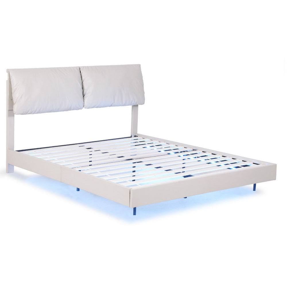 Artiss Queen Bed Frame RGB LED Floating Beds Adjustable Headboard Beige White