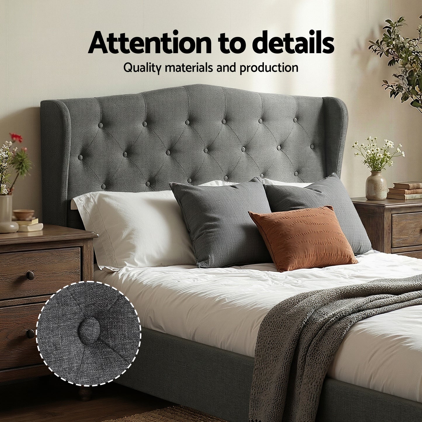 Artiss Double Bed Frame with Wingback Headboard Grey Linen Upholstered Platform Bed Base
