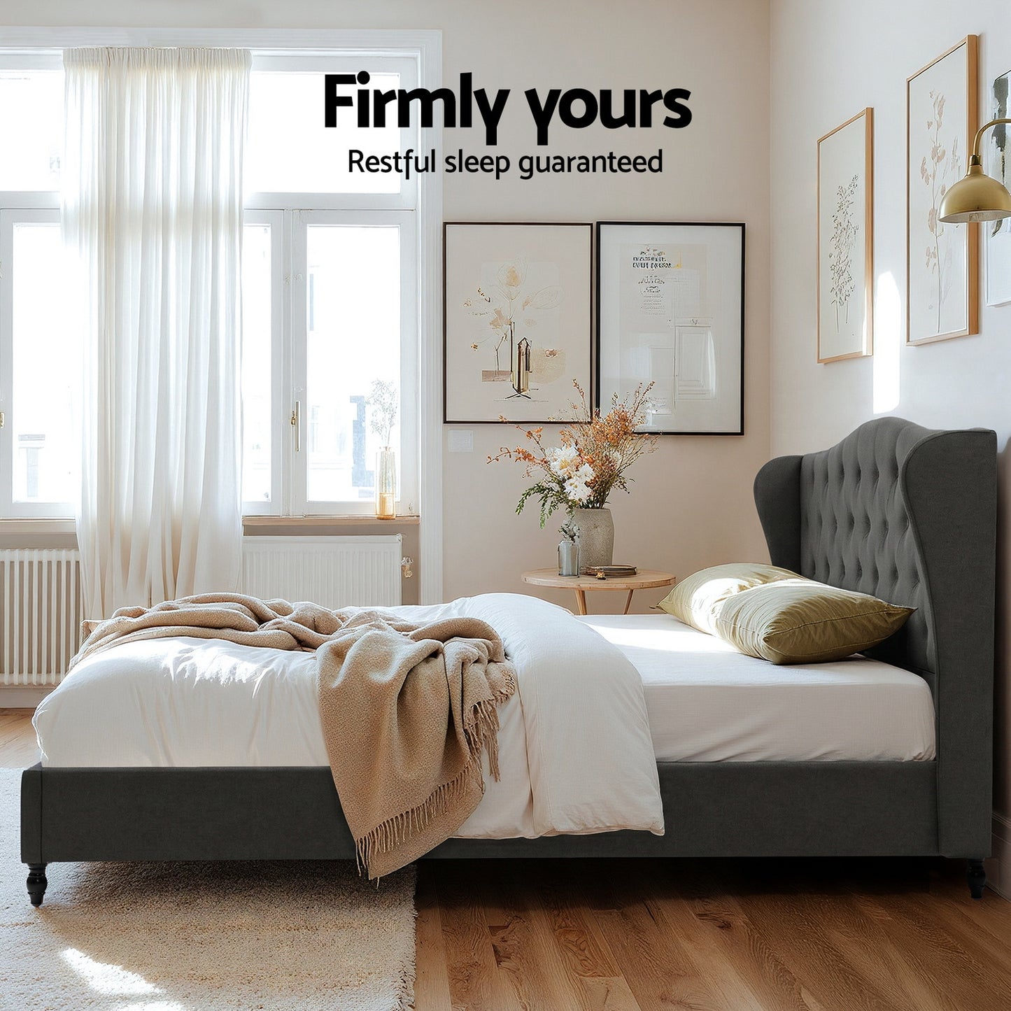 Artiss King Bed Frame with Wingback Headboard Grey Linen Upholstered Platform Bed Base