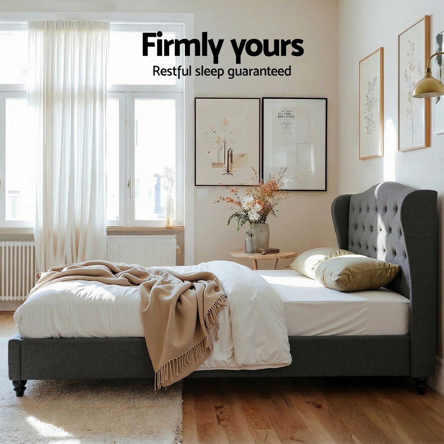 Artiss Queen Bed Frame with Wingback Headboard Grey Linen Upholstered Platform Bed Base