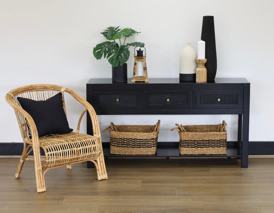 Byron Black Mango Wood & Rattan Console Table with 3 Drawers - 150cm