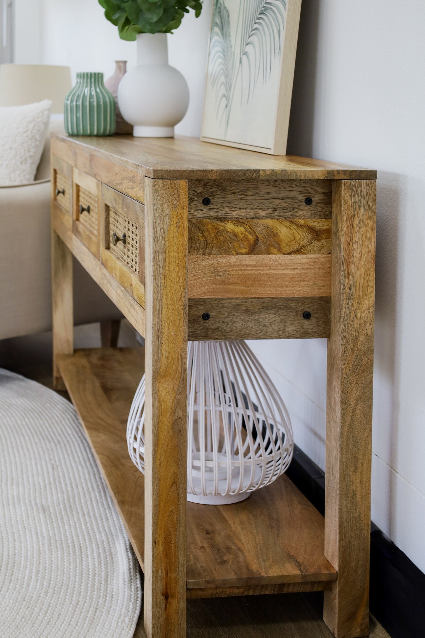 Byron Natural Mango Wood & Rattan Console Table with 3 Drawers - 150cm