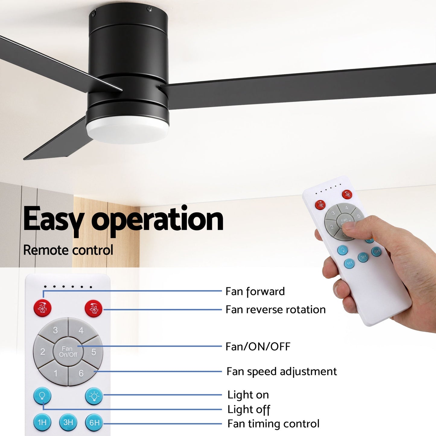 Devanti 52'' Ceiling Fan 3 Blades Double-sided DC Motor w/Light w/Remote Light Wood and bLack