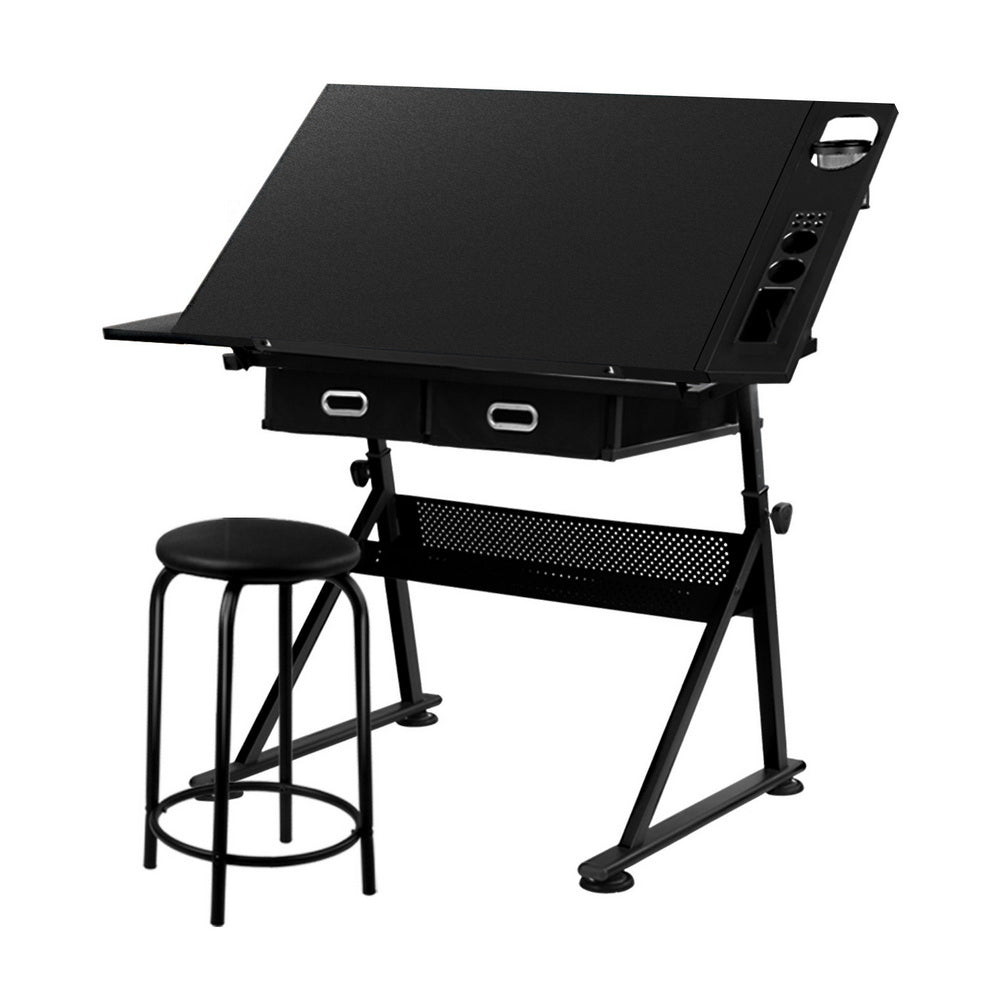 Artiss Drawing Desk Stool Set Drafting Table Adjustable Angle Tilt Drawers Black