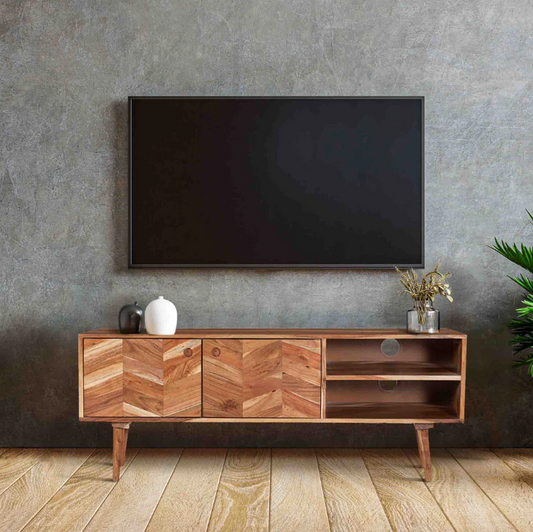 Flinders Herringbone 2 Doors & 2 Shelves Mango Wood TV Unit with Storage