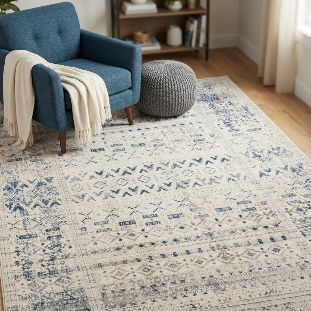 Izmir Navy and White Traditional Distressed Rug