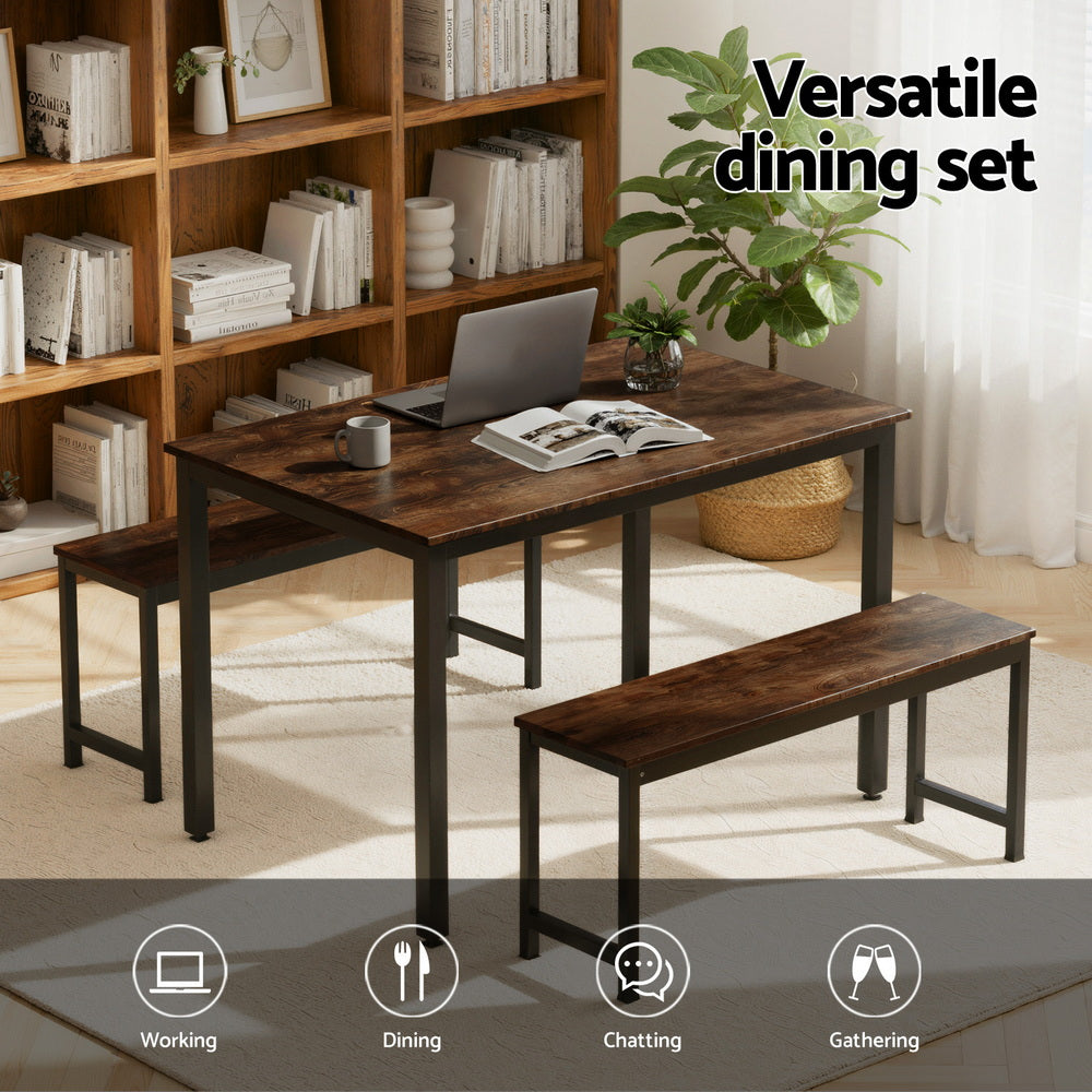 Artiss Dining Table and Chairs Set 3PCS Kitchen Metal Desk Bench Dark Walnut