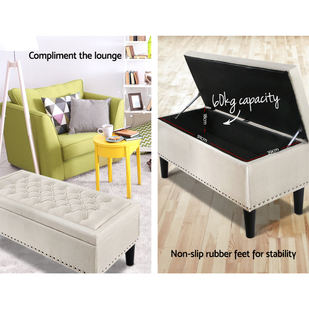 Artiss Storage Ottoman Blanket Box 96cm Linen Taupe