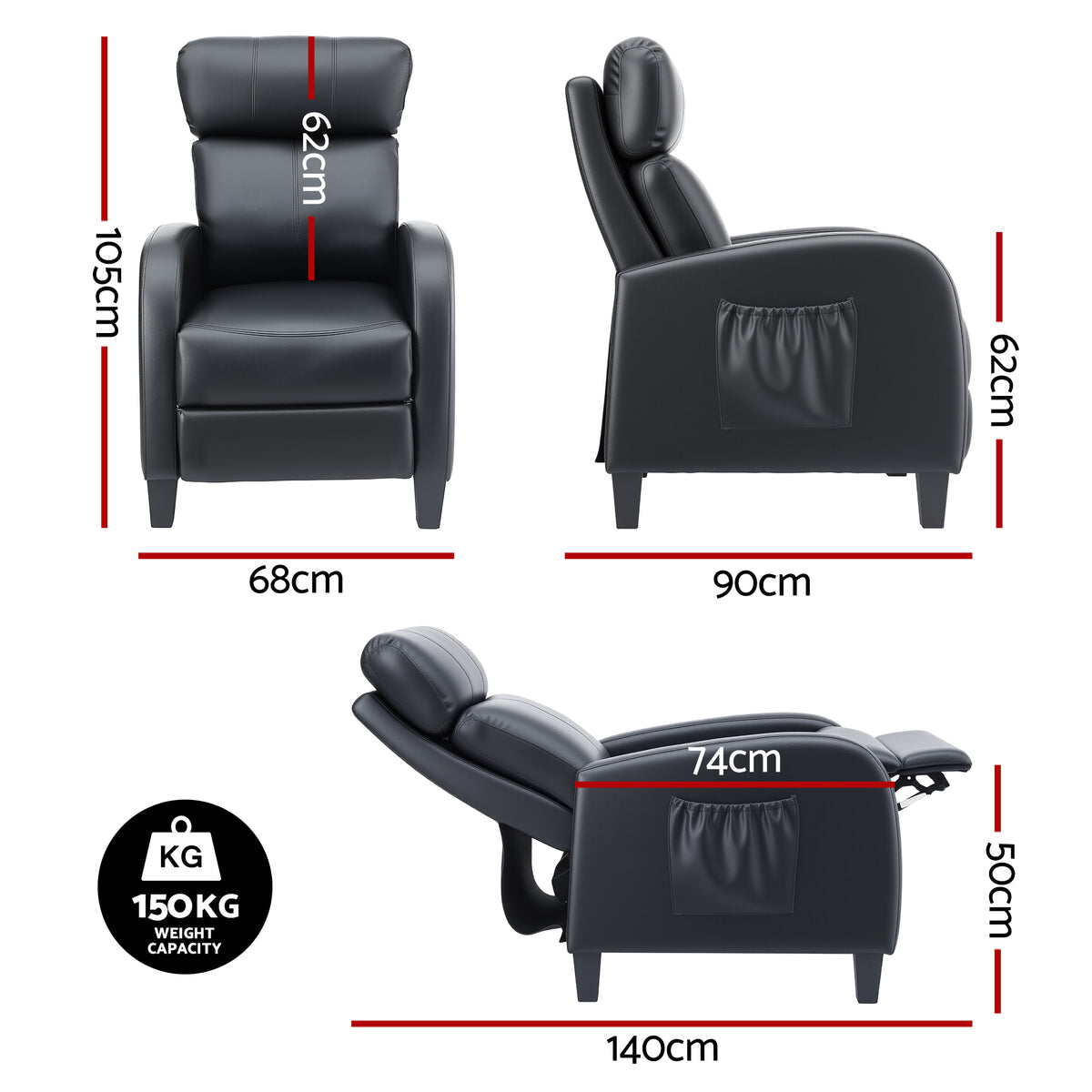 Artiss Massage Recliner Chair Small Recliner Sofa for Adults PU Leather Black