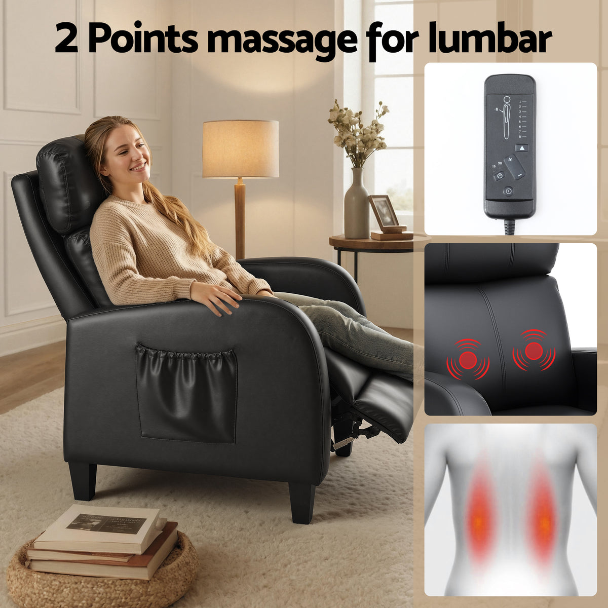 Artiss Massage Recliner Chair Small Recliner Sofa for Adults PU Leather Black