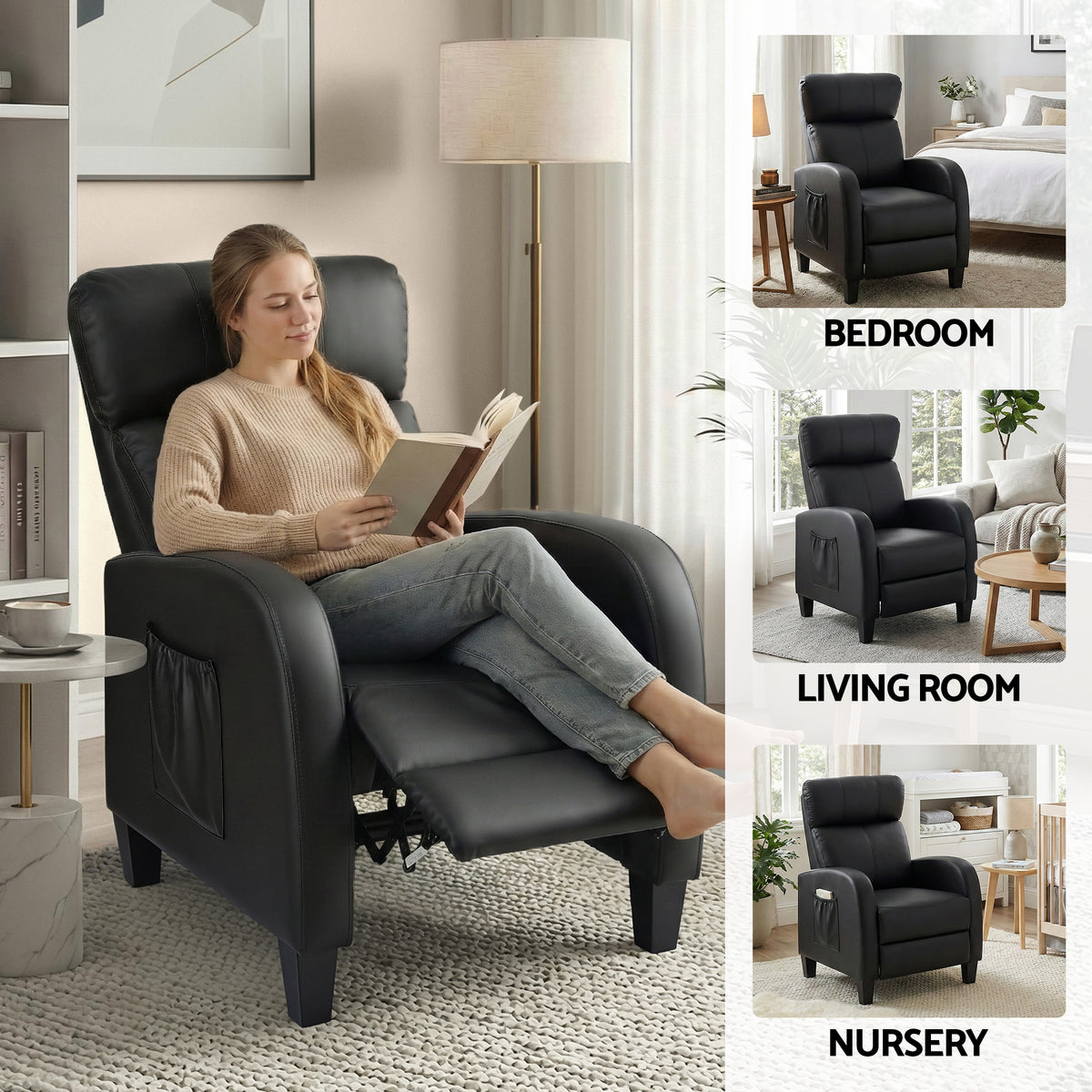 Artiss Massage Recliner Chair Small Recliner Sofa for Adults PU Leather Black