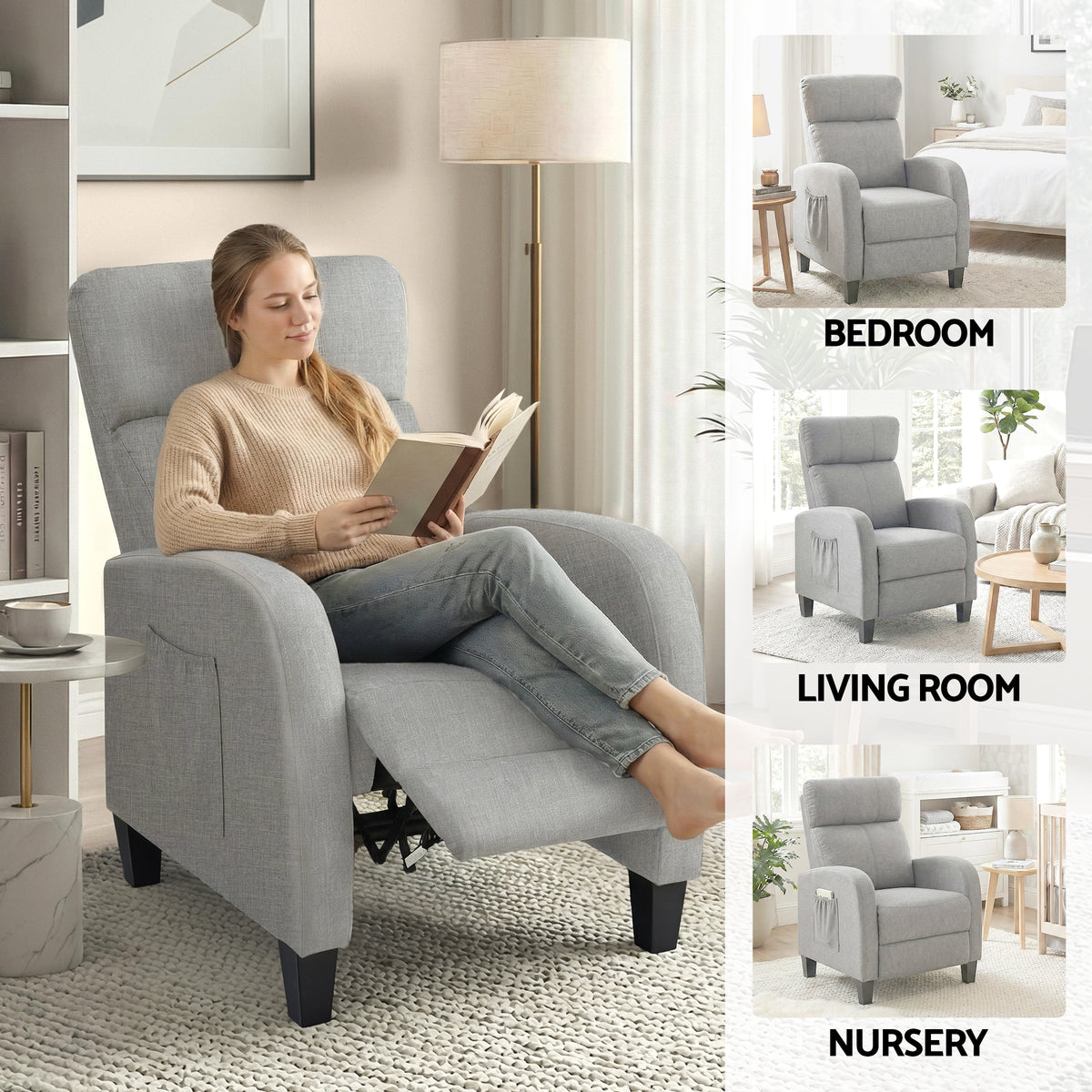 Artiss Massage Recliner Chair Small Recliner Sofa for Adults Fabric Grey