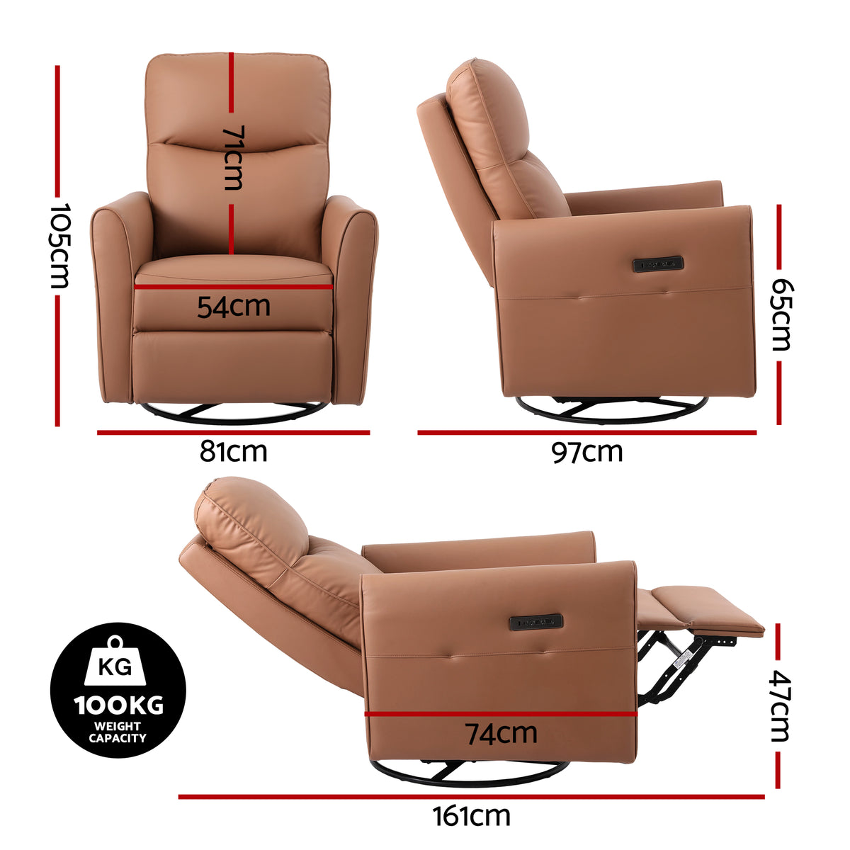 Artiss Swivel Recliner Chair Leather Rocking Reclining Sofa with Charging Ports LED Brown