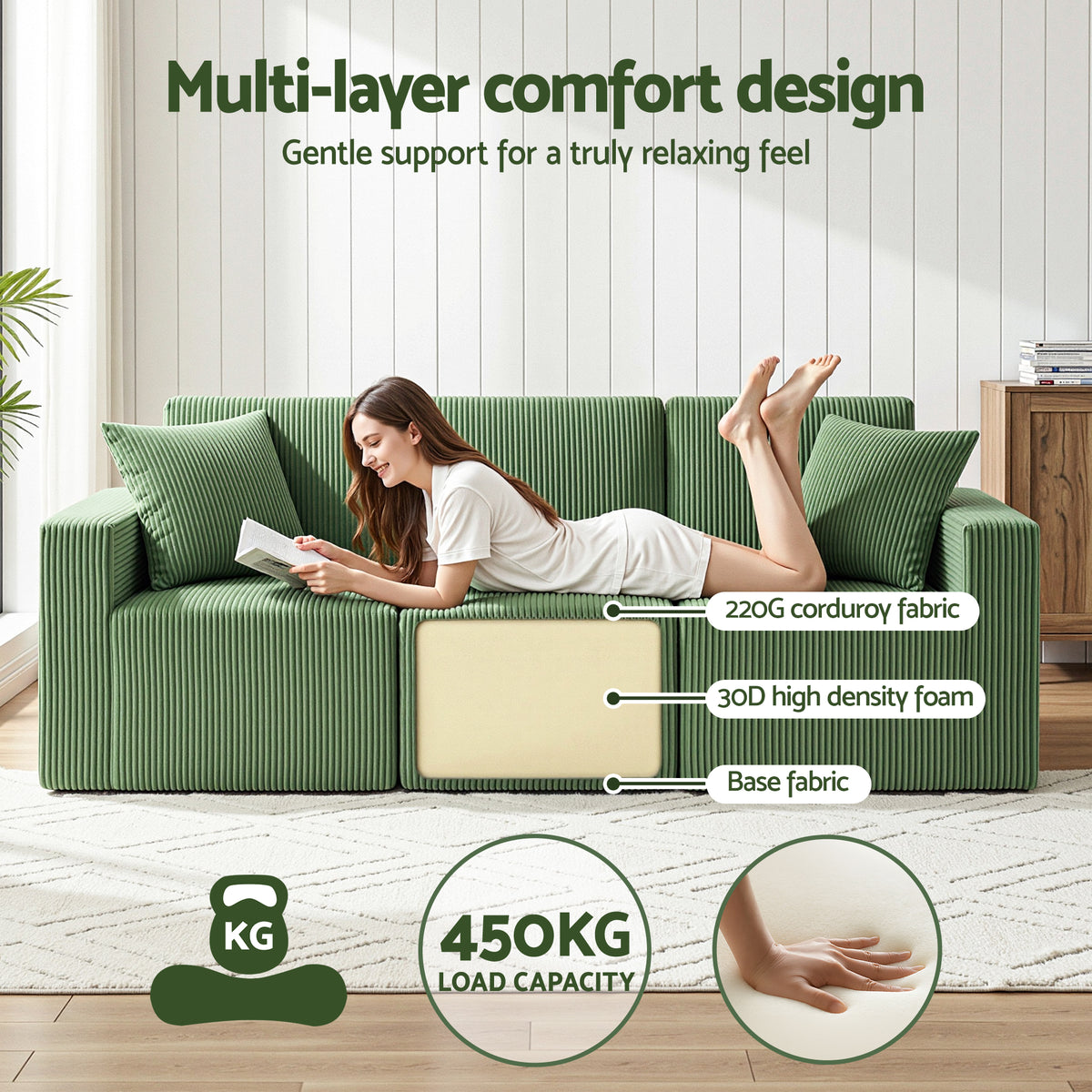 Artiss Modular 3-Seater Sofa Bed Convertible Sectional Floor Couch with Deep Seat