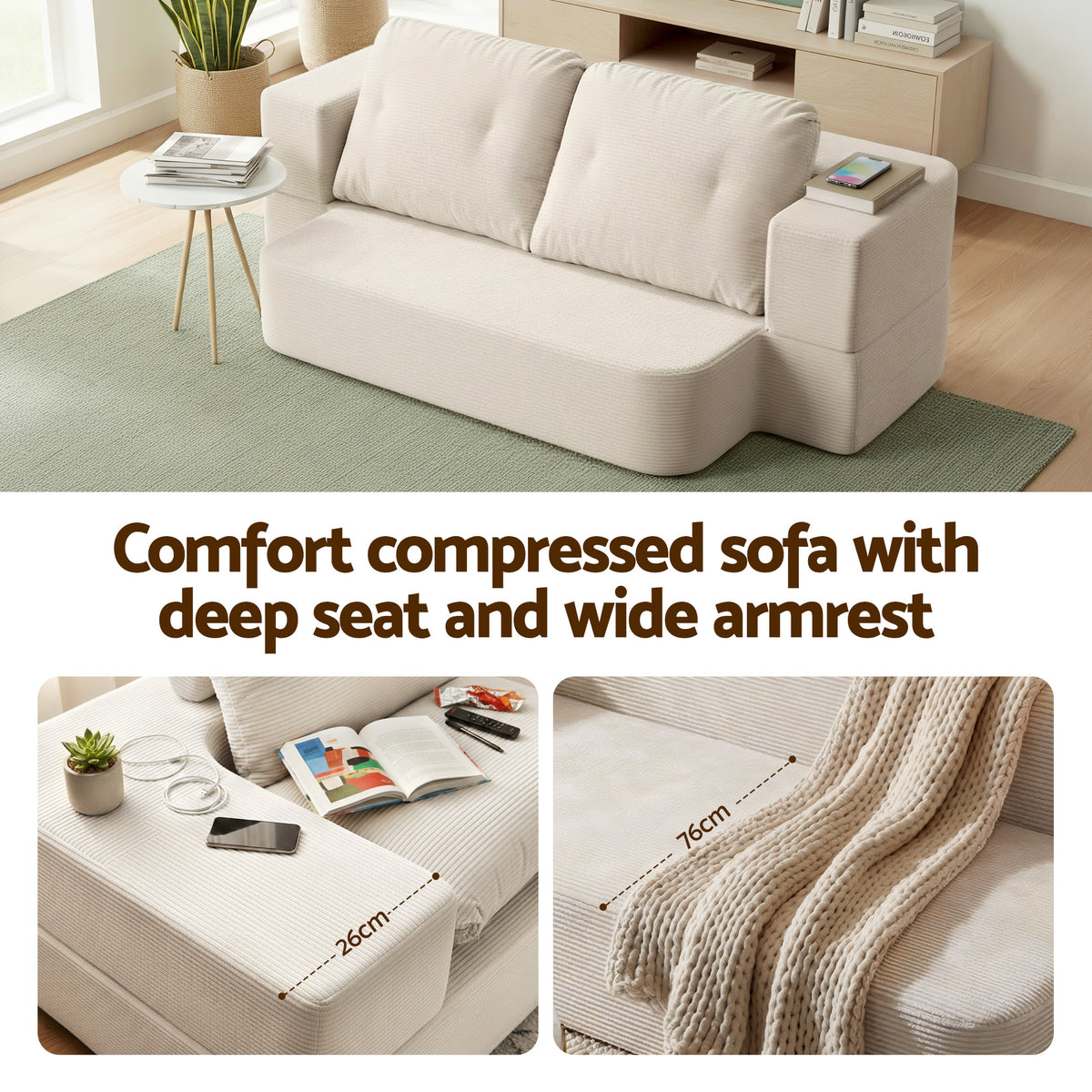 Artiss Convertible Folding Sofa Bed 30D High-Density Foam Boneless Couch with Corduroy Sleeper Couch Lounger for Living Room Beign