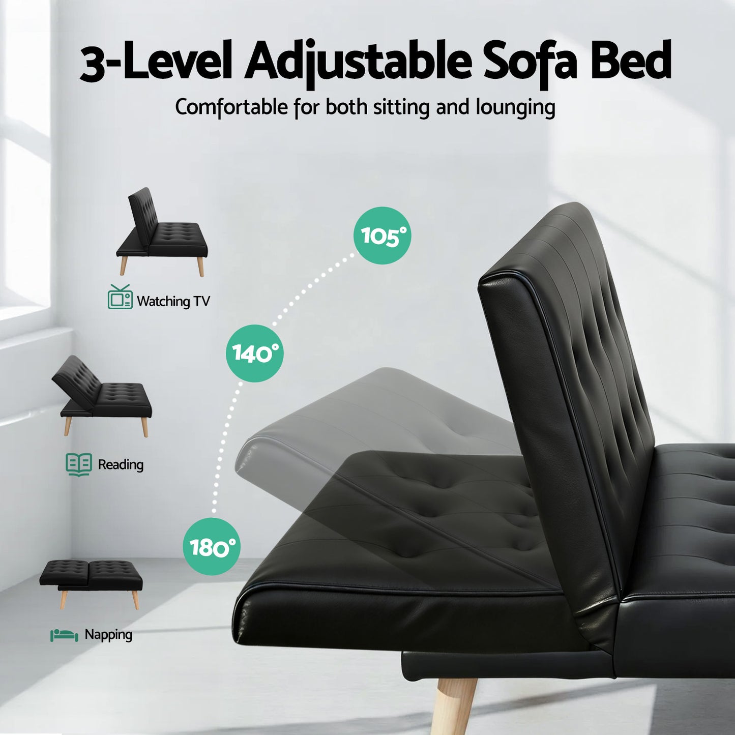 Artiss Sofa Bed Couch 1 Seater Lounge Fabric Black