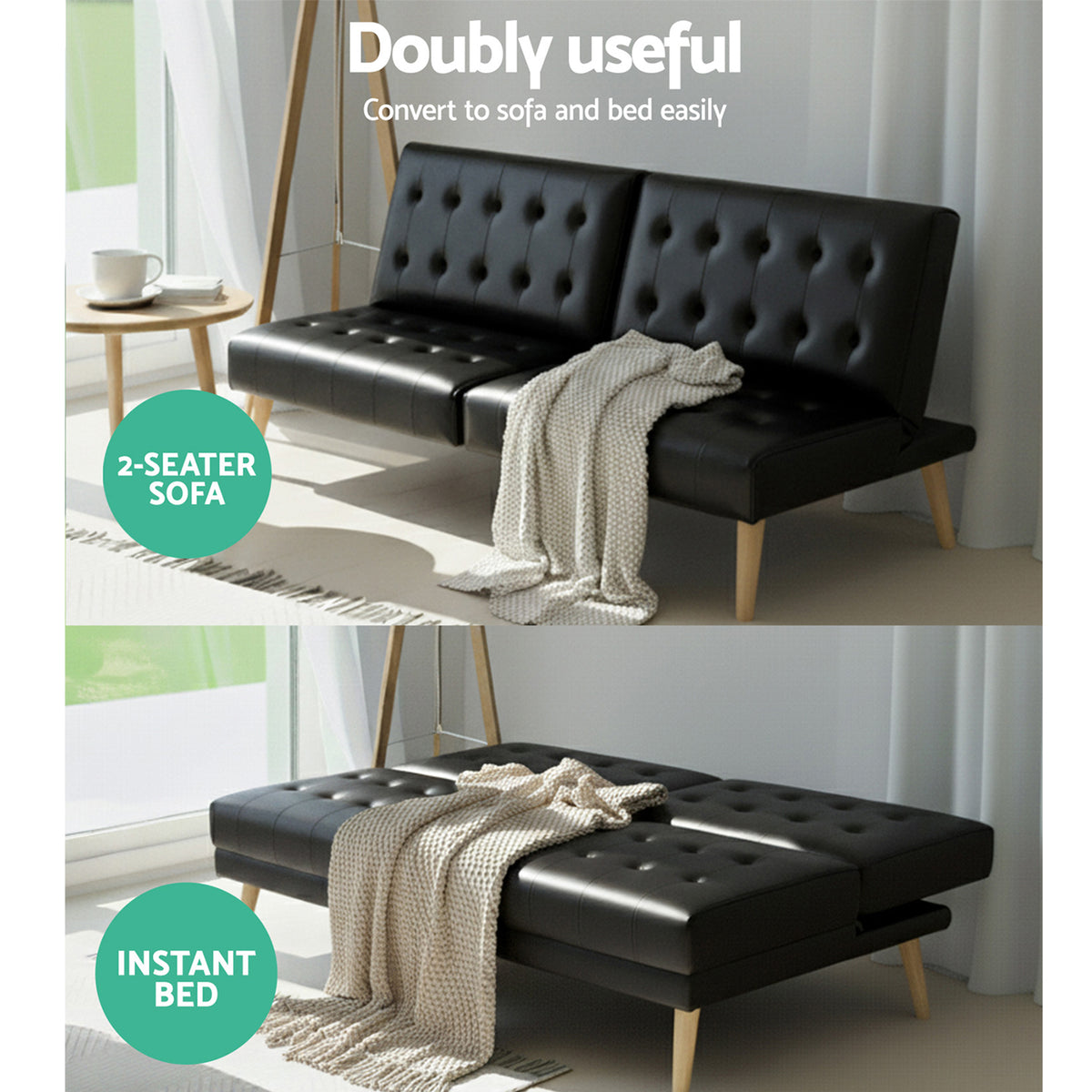 Artiss Sofa Bed Couch 2 Seater Lounge Fabric Black
