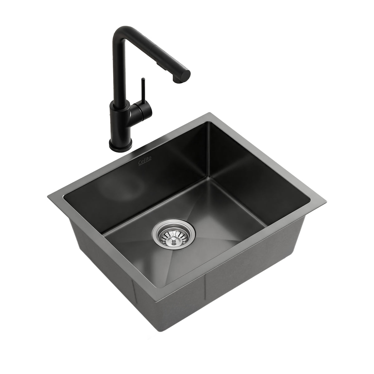 Cefito Stainless Steel Sink 44x44CM With Pull Out Mixer Tap Kitchen Basin Single Bowl Black