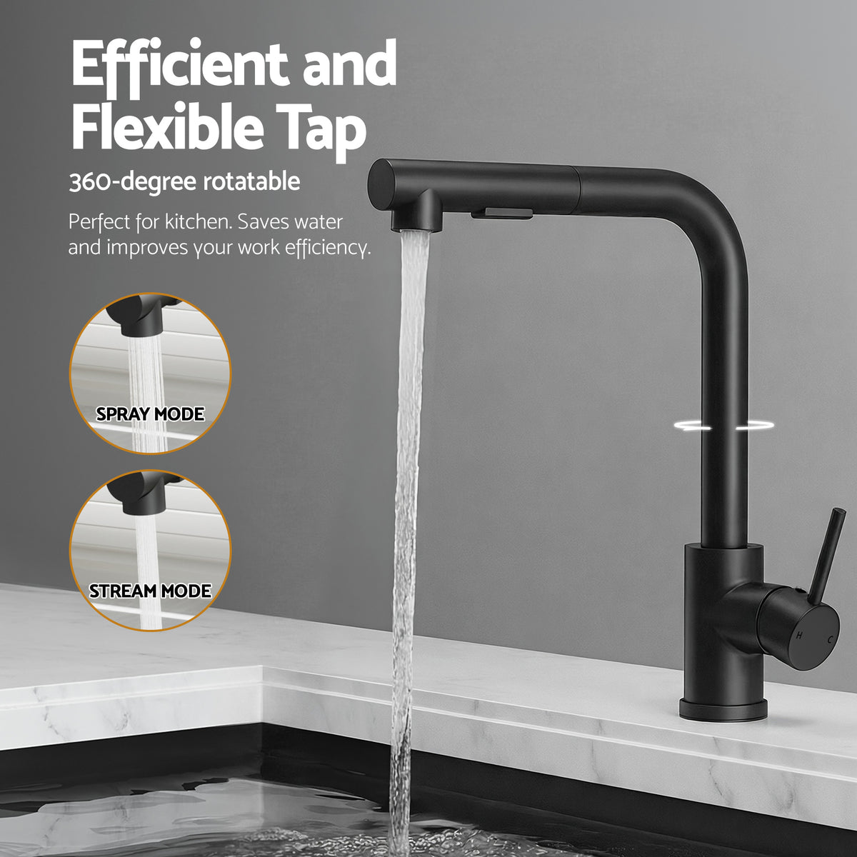 Cefito Stainless Steel Sink 44x44CM With Pull Out Mixer Tap Kitchen Basin Single Bowl Black