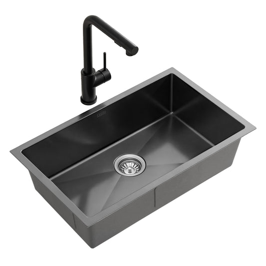 Cefito Stainless Steel Sink 60x45CM With Pull Out Mixer Tap Kitchen Basin Single Bowl Black