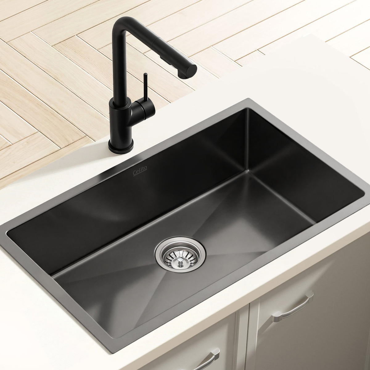 Cefito Stainless Steel Sink 60x45CM With Pull Out Mixer Tap Kitchen Basin Single Bowl Black