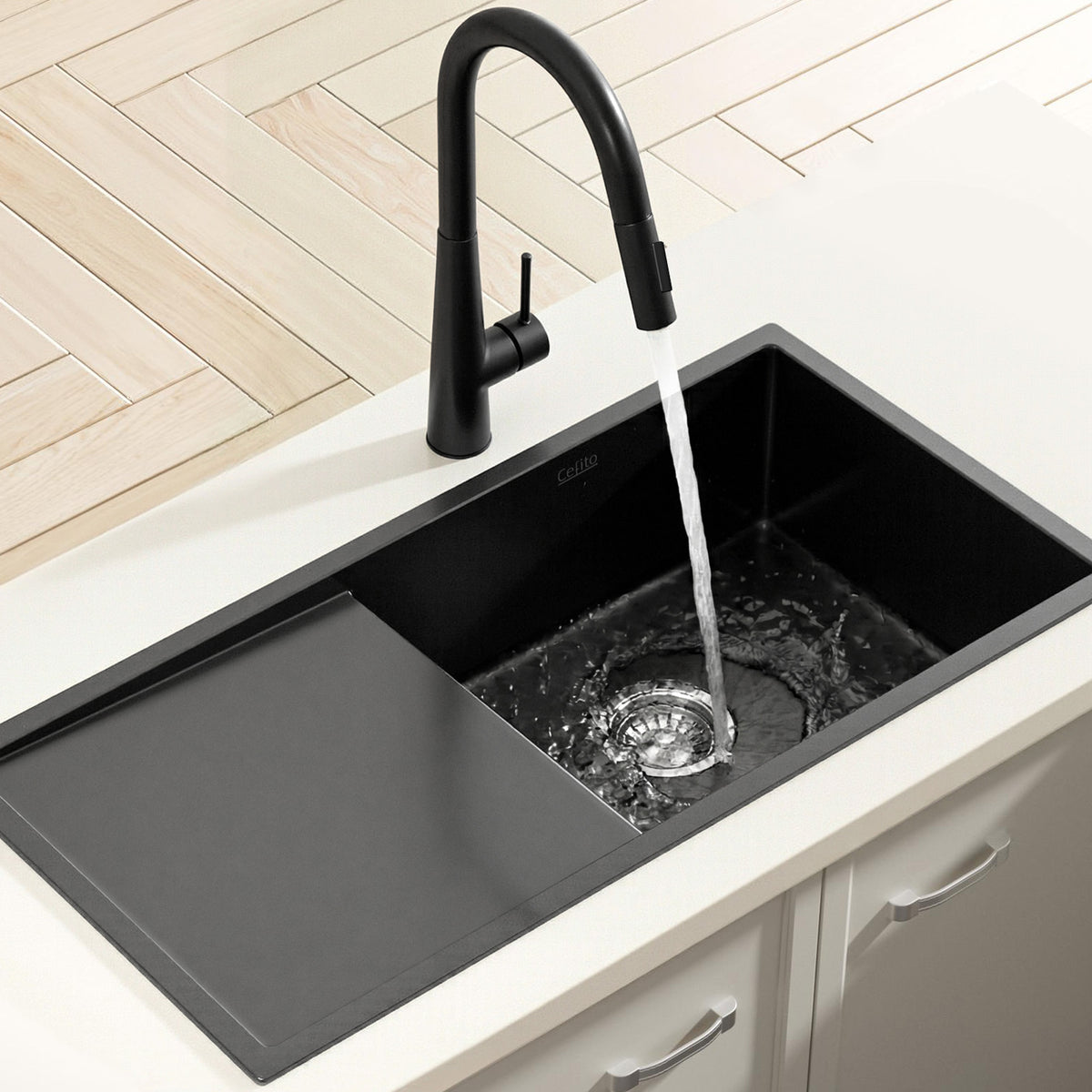 Cefito Stainless Steel Sink 75x45CM With Pull Out Mixer Tap Kitchen Basin Single Bowl Black
